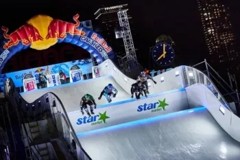 Red Bull Crashed Ice Race Track with Athletes Jumping off of a Ramp